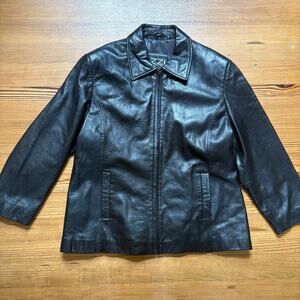 IZZI Collections black leather full zip collar bomber jacket SIZE L
